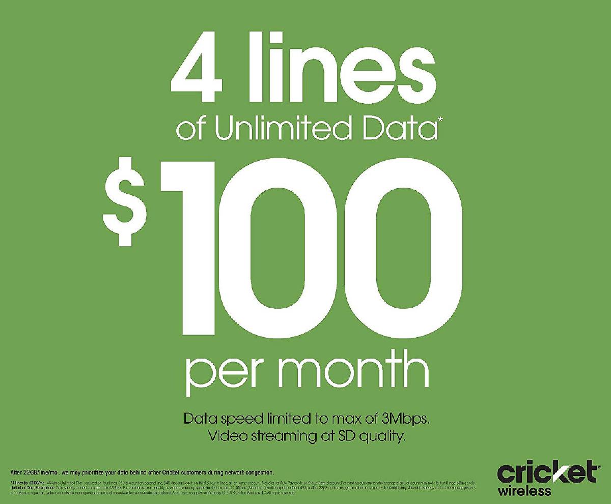 4 UNLIMITED LINES FOR ONLY $100 MONTHLY @ CRICKET WIRELESS