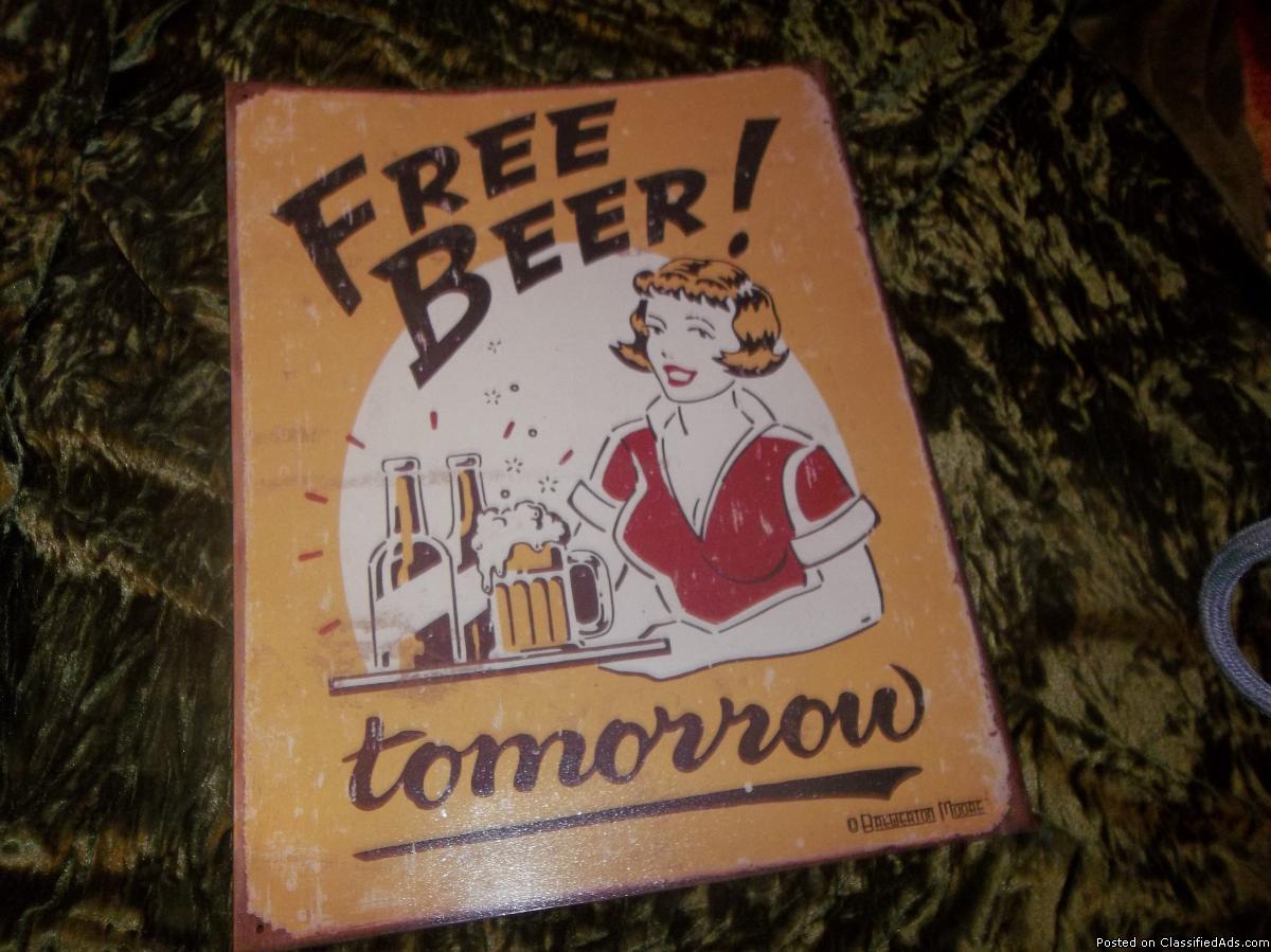 Original Vintage Metal Sign Free Beer By Brewerton Moore