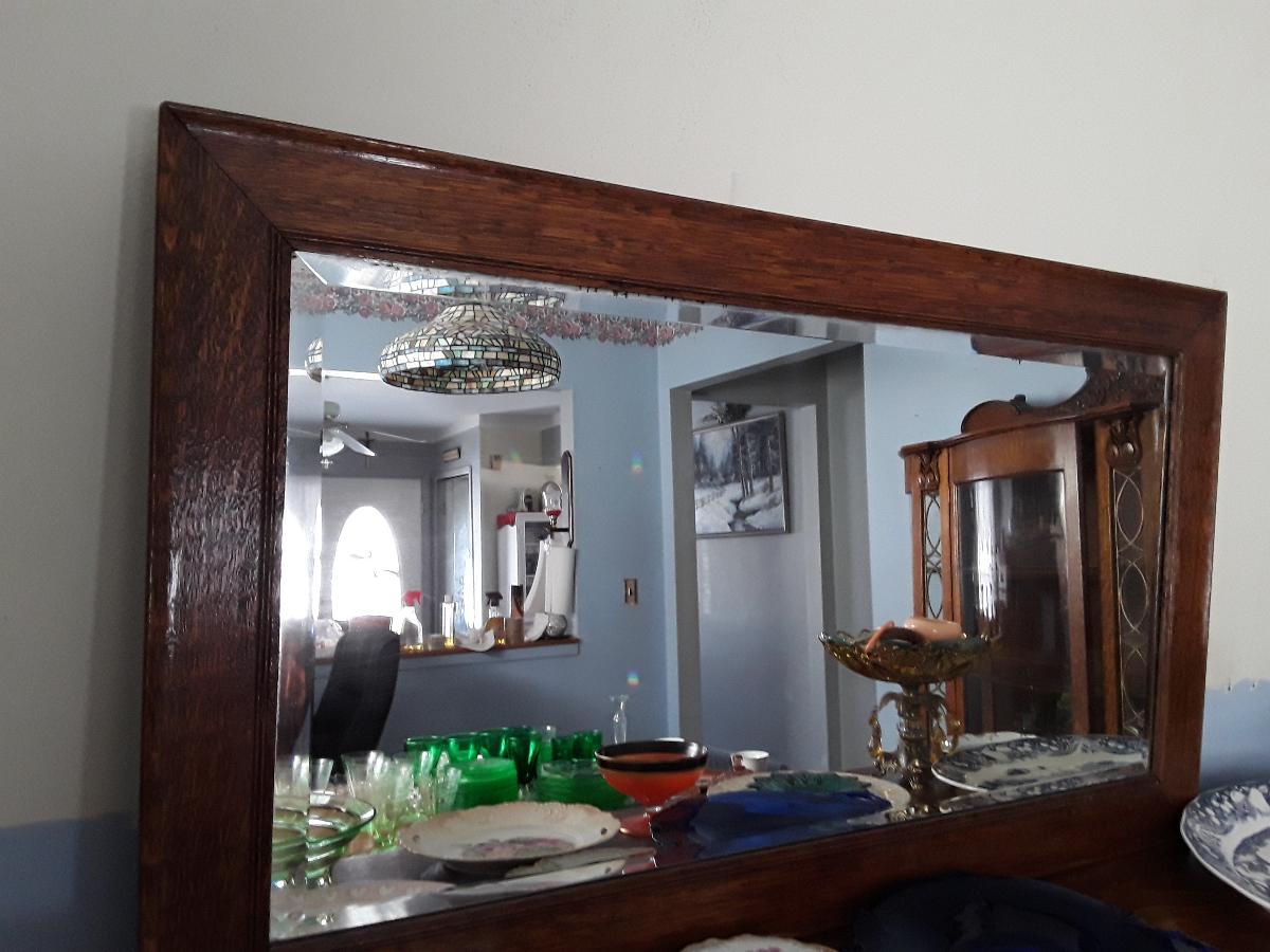 Oak framed mirror/ antique dishes/glassware