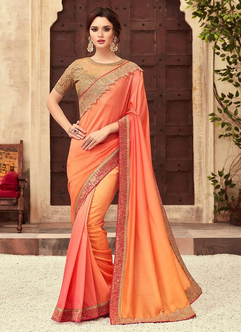 Orange and Gold Embroidered Saree | StyleDevOfficial