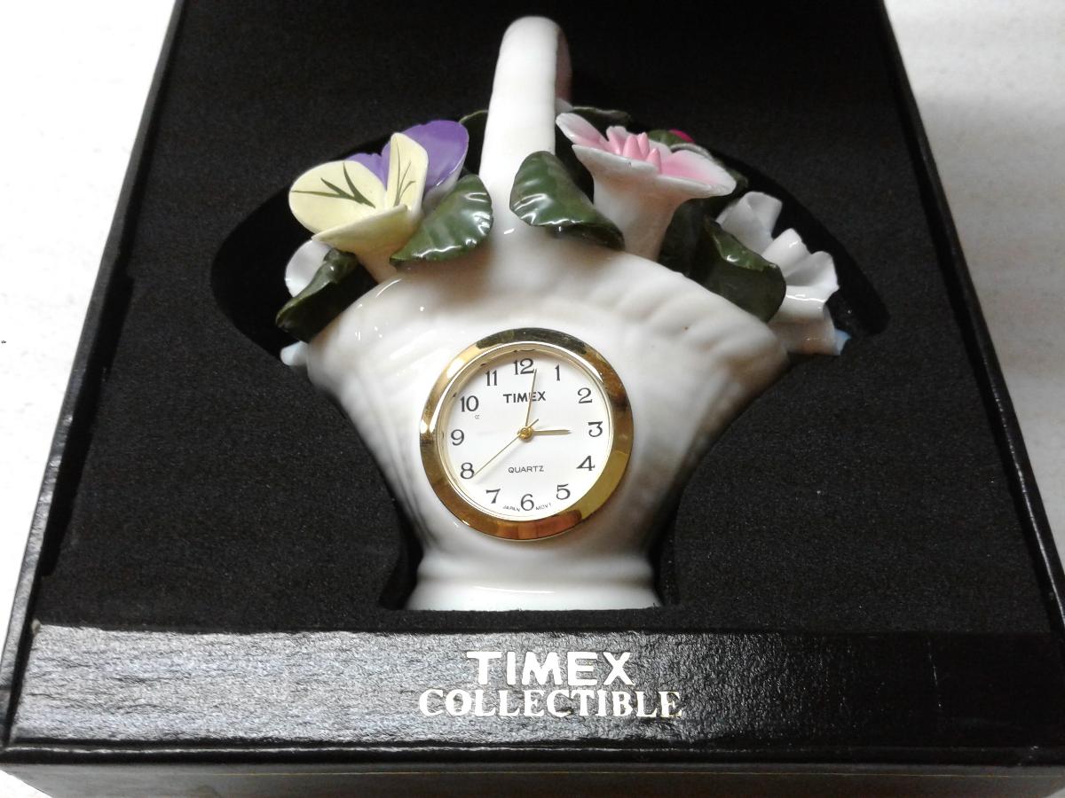 TIMEX COLLECTIBLE PORCELAIN FLOWER BASKET MINI CLOCK-NEW