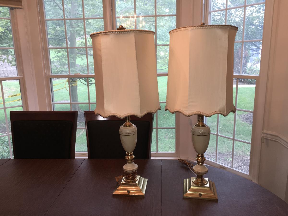 Vintage Lenox porcelain and brass table lamps with shades a
