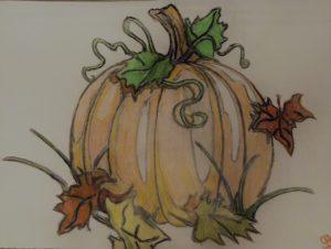 Pumpkin With Fall Leaves GG 10 – 9” x 12” Colored