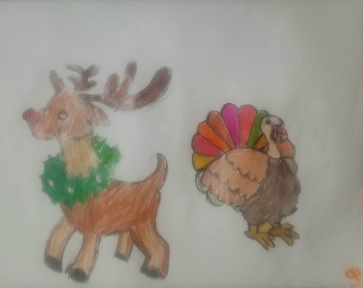Reindeer & Turkey Art GG – 9″ x 12″ Colored Pencil