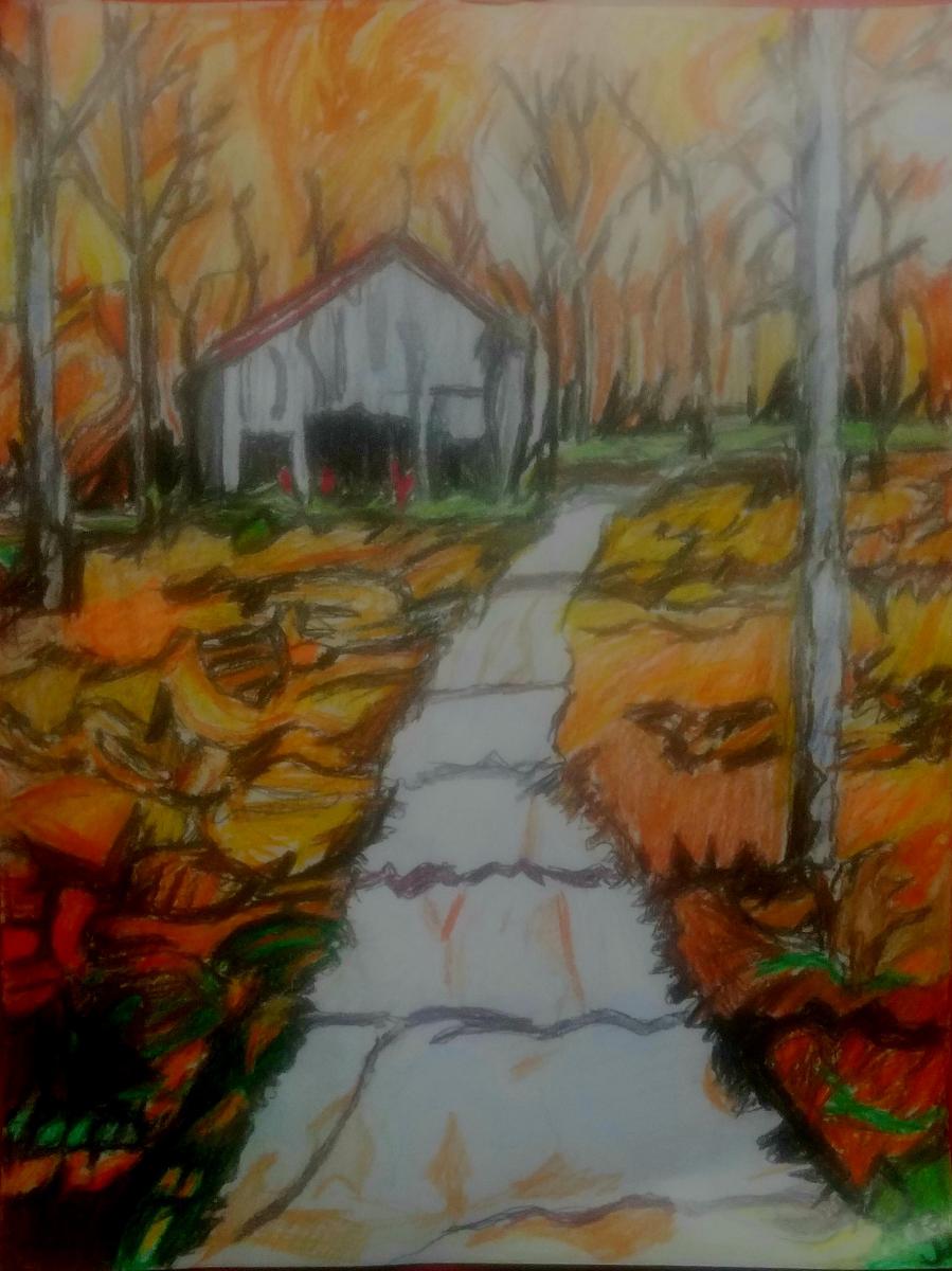Old Country Barn & Autumn Fall Trees Scene – 9″ x 12