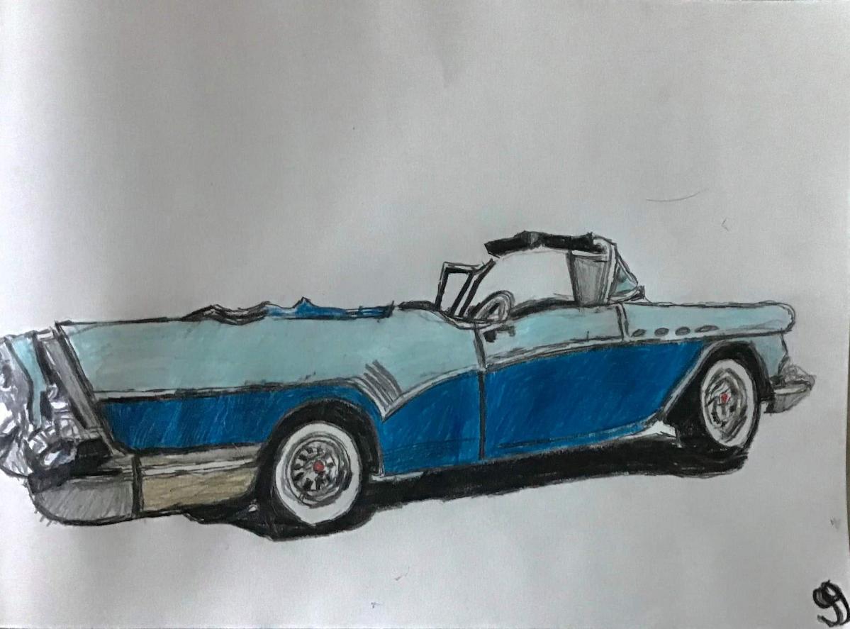 Old Blue Convertible GG – 9″ x 12″ Colored Pencil