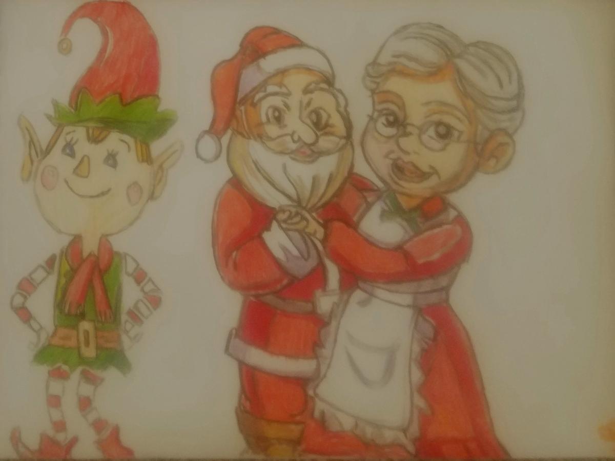 Elf & Mr. & Mrs. Claus Art GG – 9″ x 12″ Colored