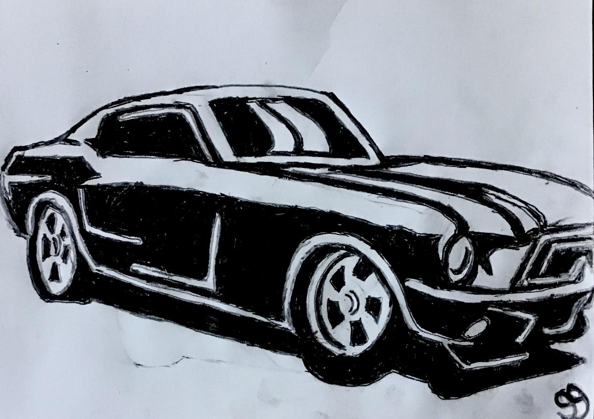 Old Black & White Chevy Mustang GG 46 – 9” x 12”